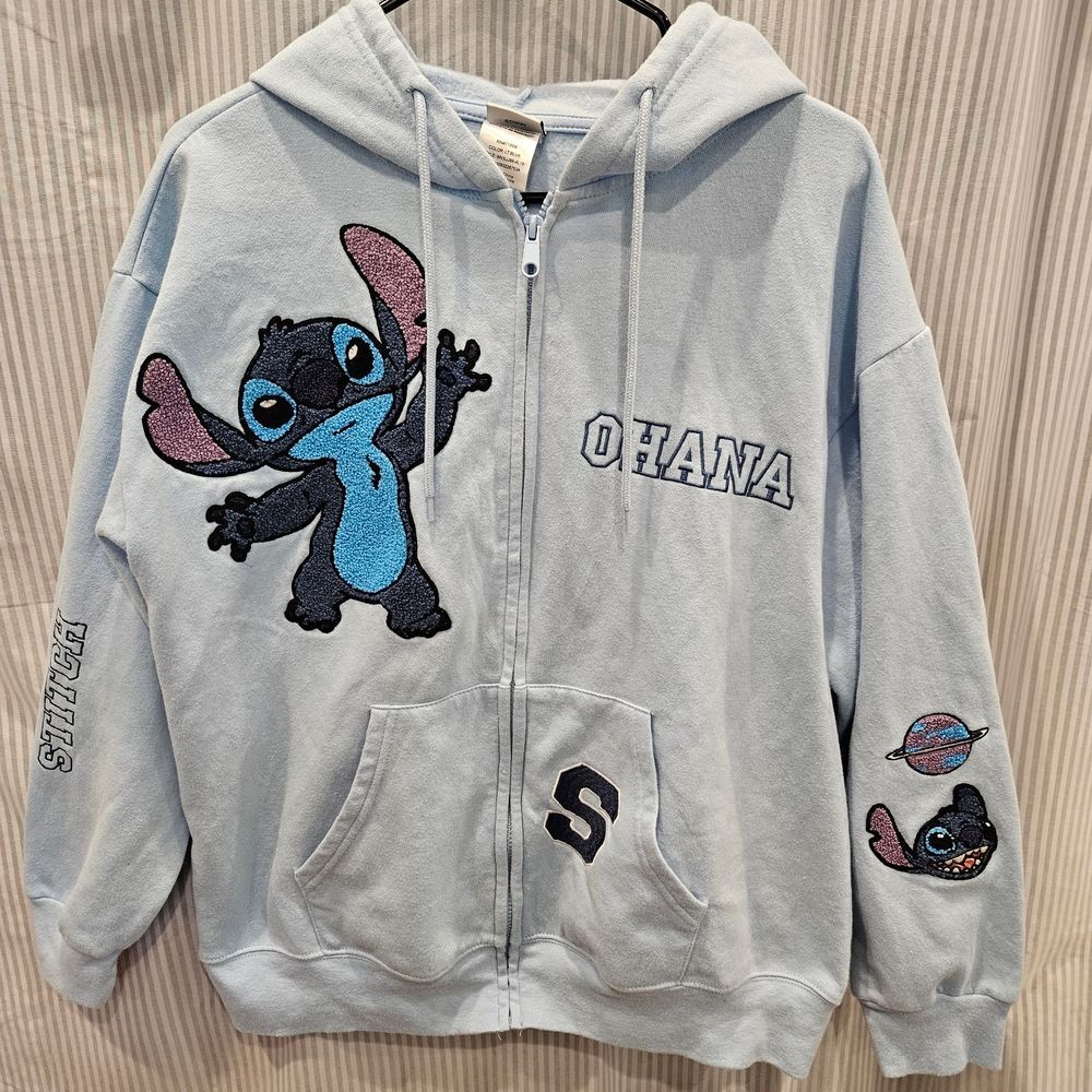 Stitch Ohana Embroidered Blue Zip Up Hoodie Women's XL Disney